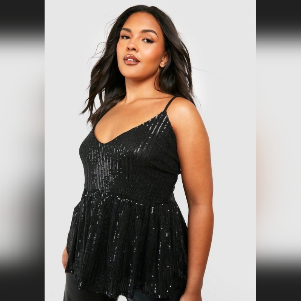 BooHoo plus Black sequin peplum camisole Size 12